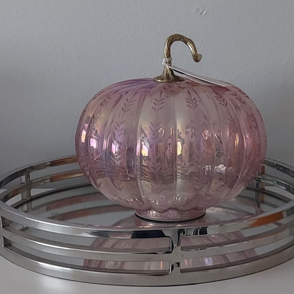 New RACHEL ZOE Etched Light Up Glass Iridescent Pumpkin
